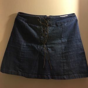 Agaci Blue Mini Skirt w/ Brown Suede Tie up Size L